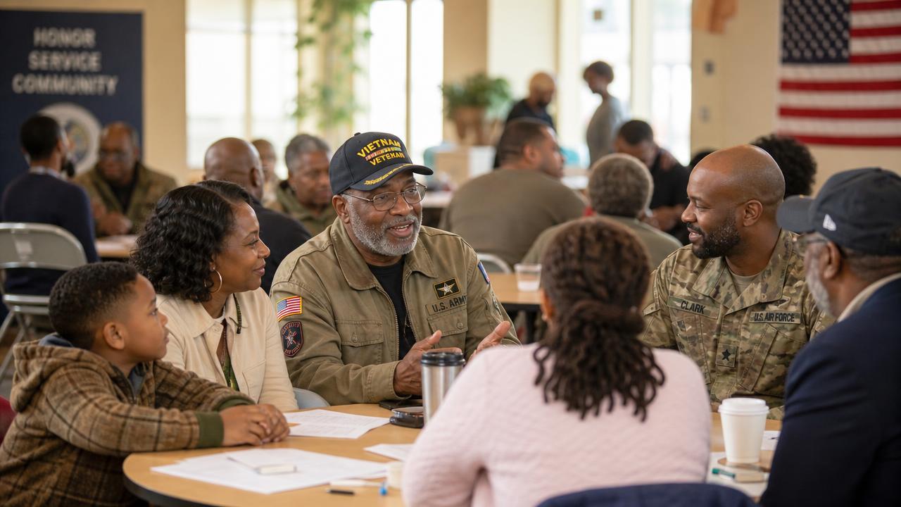 Veterans, servicemembers, and family members gathered together at a community meeting